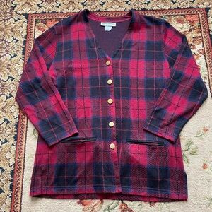Cathy Daniels red/black tartan plaid button up cardigan